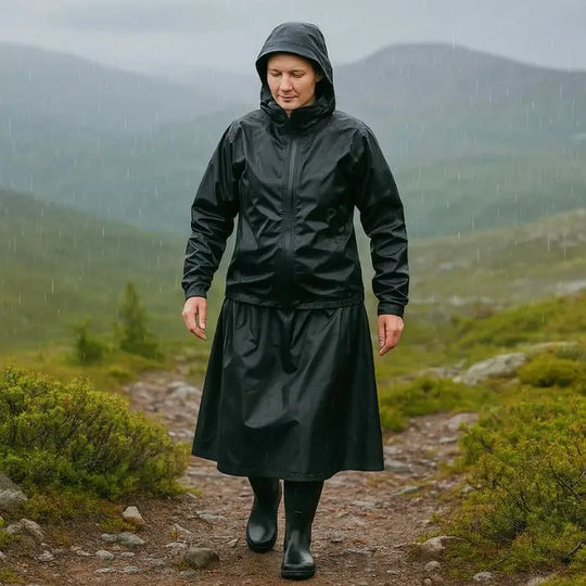 Northern Lite sadehame Ultralite musta naisen päällä tunturissa